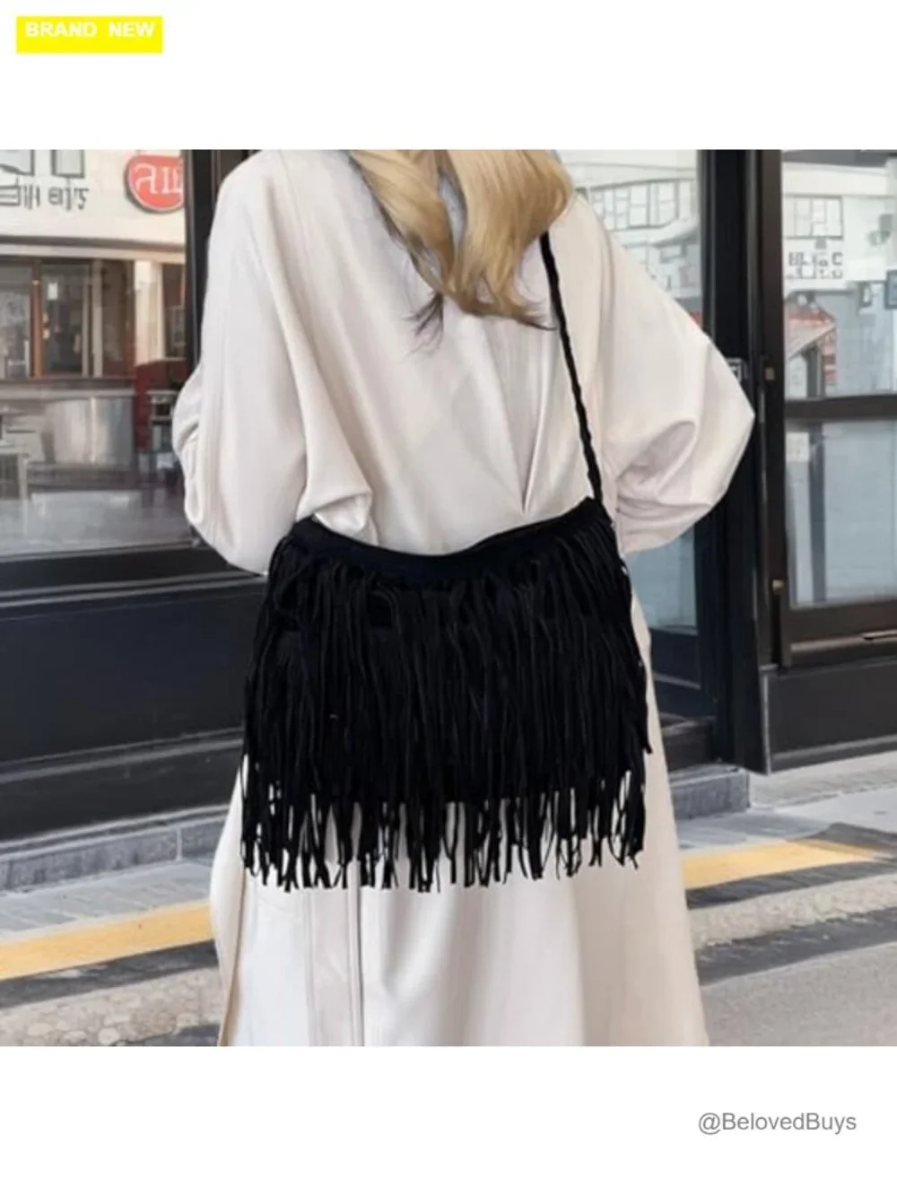 Large Tassel Fringe Crossbody Hobo Bag with Woven Strap